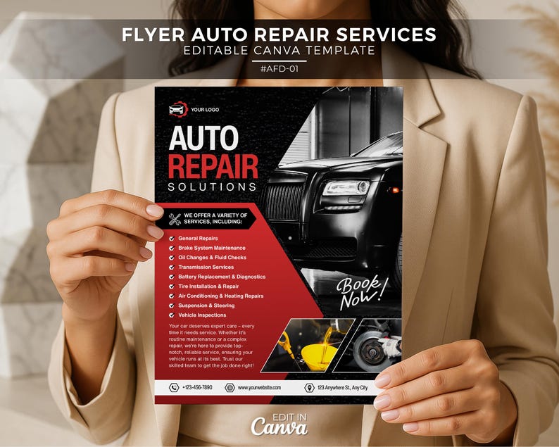 May include: A flyer for auto repair services, held by a person. The flyer features the text "AUTO REPAIR SOLUTIONS" with a black car image. It lists services like general repairs, brake maintenance, and oil changes. The flyer also includes the text "Book Now!"