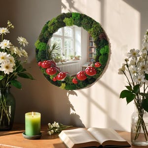 Fairycore Mushroom Mirror with Moss – 11&quot; Round Nature Wall Decor – Cottagecore Handmade Mirror – Whimsical Fairy Gift Idea