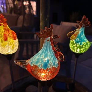 Set of 3 Solar Chicken Cockerel Lights Colourful Glass Garden Decor Stakes Gift