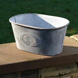 May include: Oval galvanised metal planter with a textured surface and a decorative emblem. The gray planter has a white rim and sits on a brick wall. The emblem features a tree design.