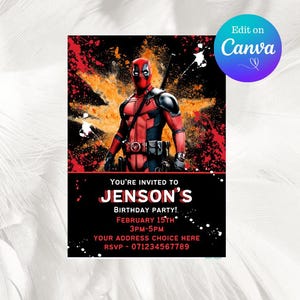 Deadpool superhero personalised birthday  party invites invitation template download hero
