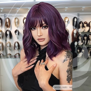 Luna Ombre Purple Short Wigs, Curly Bob Wig With Bangs, 14 Inch Ombre Color Wavy Synthetic Wigs Daily Party Wig, Purple Wig, Short Wig