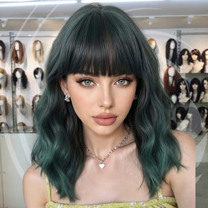 Women Green Wig, Short Curly Wavy Dark Green Wig,Green Wig, Women Wig, Curly Wig, Short Wig, Cosplay Wig, Valentines Day Gift
