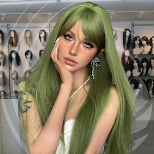 Mirodi Green Wig, Green Wig, Women Long Green Wig, Green Long Straight Wig With Bangs, Costume Wig, Women&#39;s Wig, Woman Gift, Halloween Wig