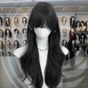 Nior Natural Black Long Curly Wig, Women Long Wig with Bangs, Black Wig, Women Wig, Wig, Daily Wig, Party Wig, 28 inch Women Wig