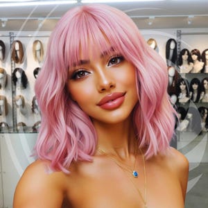 Rosie Pop – 14 Inch Pink Bob Wig with Bangs | Short Wavy Curly Synthetic Wig for Women | Heat-Resistant Party Costume Wig for Daily