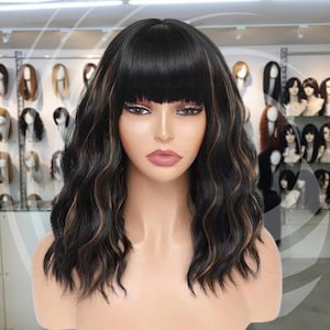Mix Brown Black Wig, Women Black Wig with Brown, Women Short Curly Wig, Curly Wig, Wavy Wig, 14 inch Short Bob Wig with Bangs