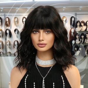 Blair – 16 Inch Short Wavy Black Wig for Women | Natural-Looking Curly Synthetic Wig | Heat-Resistant Everyday or Party Wig