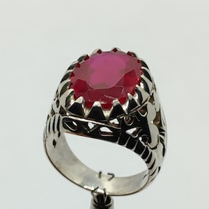 Oval Cut Created Dark Red Ruby Lattice Ring: Sterling Silver 925 Handmade Everyday Ruby Ring for Man| Luxury Ruby Ring, Ruby Yaqoot Ring