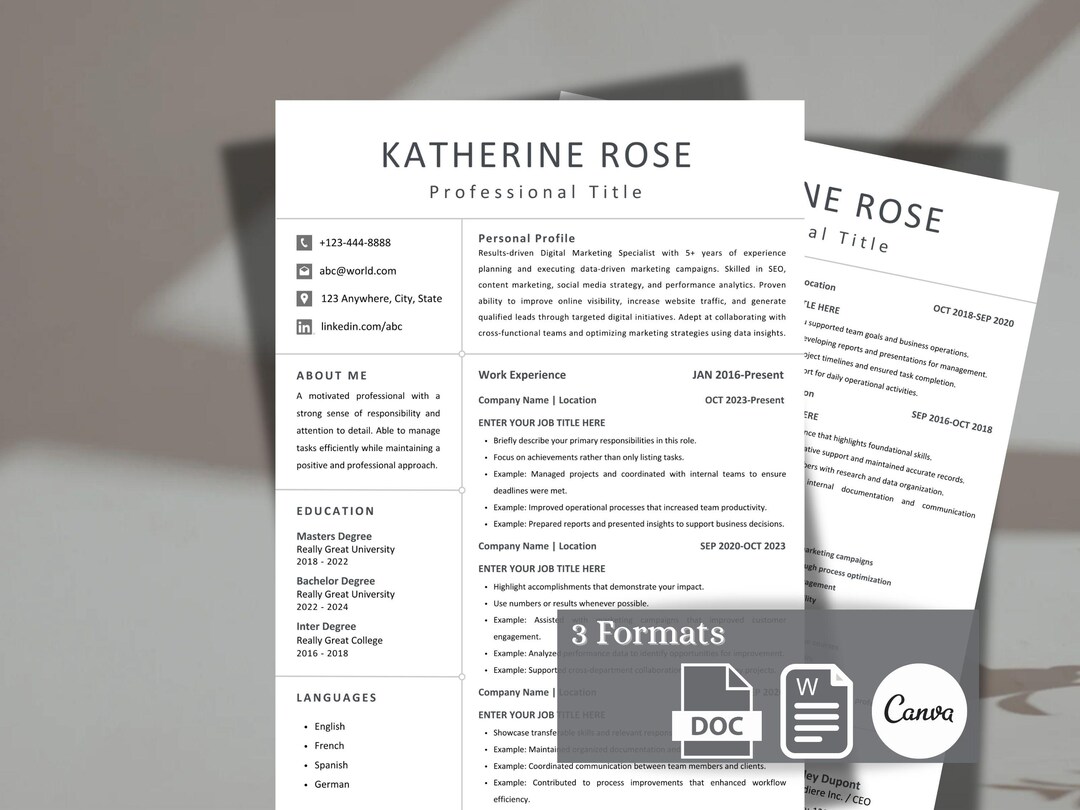 ATS Friendly Two Page CV Modern Resume, Editable Resume Canva Template ...