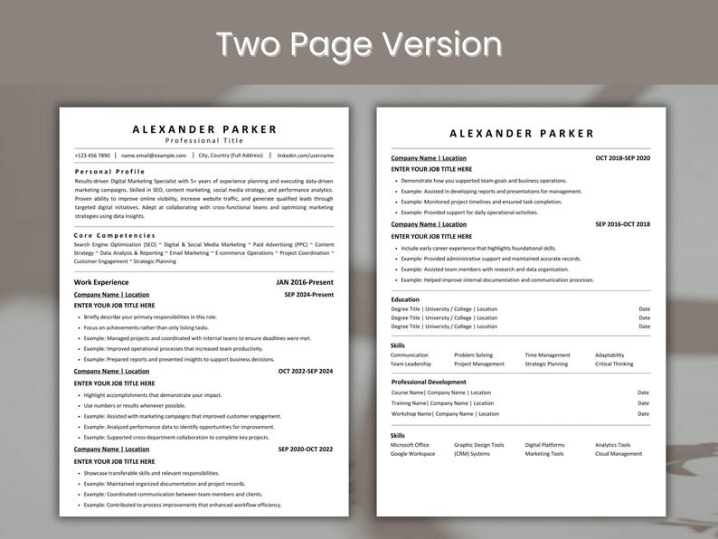 Ats Friendly Two Page Resume Template | Editable Canva CV Template ...