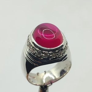 Cabochon Pigeon Red Ruby Crystal Ring: Sterling Silver 925 Handmade Created Ruby Ring | Ladies Ruby Ring | AAA Ruby Ring