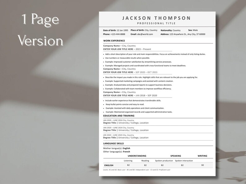 One Page Canva Resume Template With Cover Letter | Editable ...
