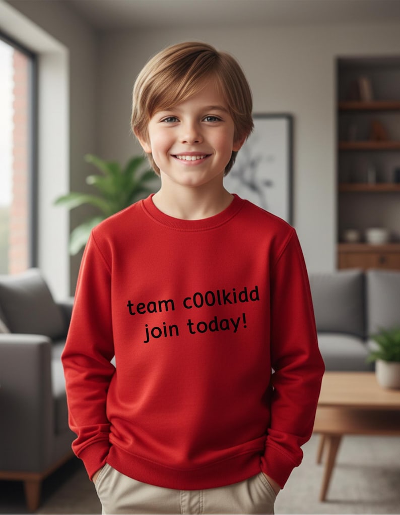May include: A young person wearing a red sweatshirt with the text "team c00lkidd join today!" in black. The sweatshirt is a solid red color. The person is smiling and looking at the camera.