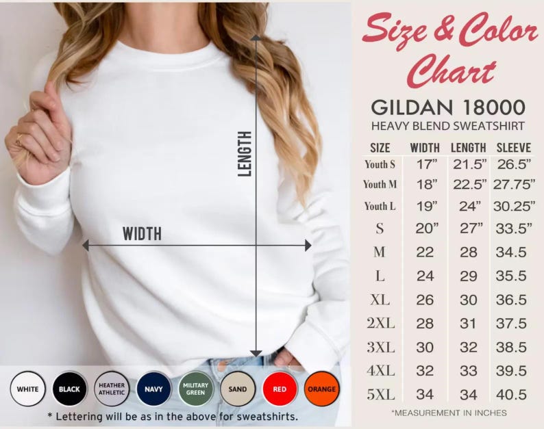 以下が含まれることがあります： 白のGildan 18000ヘビーブレンドスウェットシャツ。サイズとカラーチャート付き。チャートには、Youth Sから5XLまでの幅、長さ、袖丈のインチ単位の測定値が記載されています。利用可能な色は、白、黒、赤です。