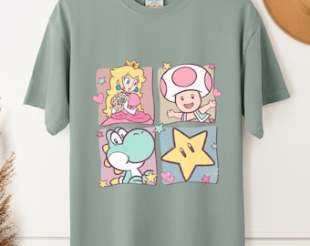 Peach Toad Yoshi Star Shirt, Retro Pastel Mario Friends Tee, Cute Gamer Top, Cute Gamer T-Shirt, Video Game Fan Tee