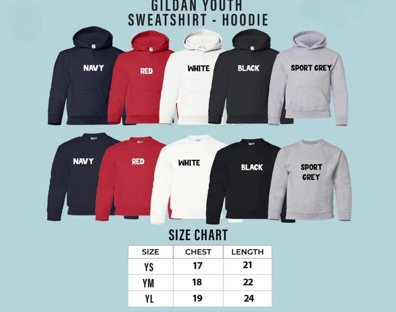 以下が含まれることがあります： ネイビー、レッド、ホワイト、ブラック、スポーツグレーなど、さまざまな色のギルダンユーススウェットシャツとパーカーのディスプレイ。画像には、胸囲と着丈の測定値がセンチメートルで示されたサイズチャートも含まれています。