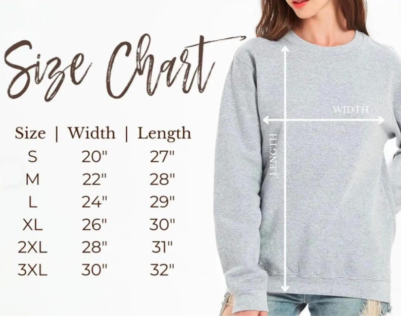 以下が含まれることがあります： サイズチャート付きのグレーのスウェットシャツ。Sから3XLまでのサイズが表示され、幅と長さの測定値はインチです。スウェットシャツの長さと幅が測定されています。