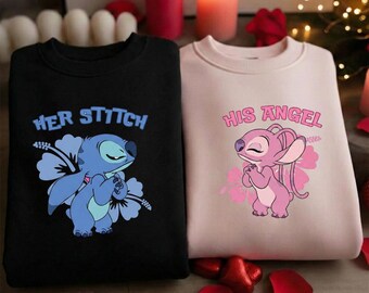 Her Stitch His Angel Stitch Couple Sweatshirts, Stitch and Angel Couple Shirts, Stitch Valentines Day Shirt, Stitch Gift, Stitch Birthday
