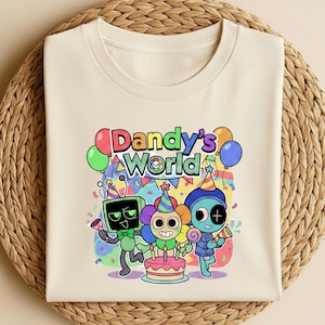 May include: Cream-colored t-shirt featuring a colorful graphic with the text "Dandy's World." The design includes cartoon characters, balloons, confetti, and a birthday cake. The shirt is folded on a woven surface.