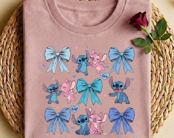 Stitch And Angel Coquette Bow Valentine's Day T-Shirt, Disney Couple Love Day Tee, Cute Couple Romance Tee, Stitch Couple XOXO T-Shirt