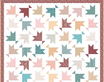 Könnte beinhalten: Ein Quiltmuster mit weißem Hintergrund und einer Vielzahl von bunten sternförmigen Flicken. Die Flicken sind in den Farben Rosa, Rot, Blau, Braun und Beige gehalten. Der Quilt besteht aus einem sich wiederholenden Sternmuster.