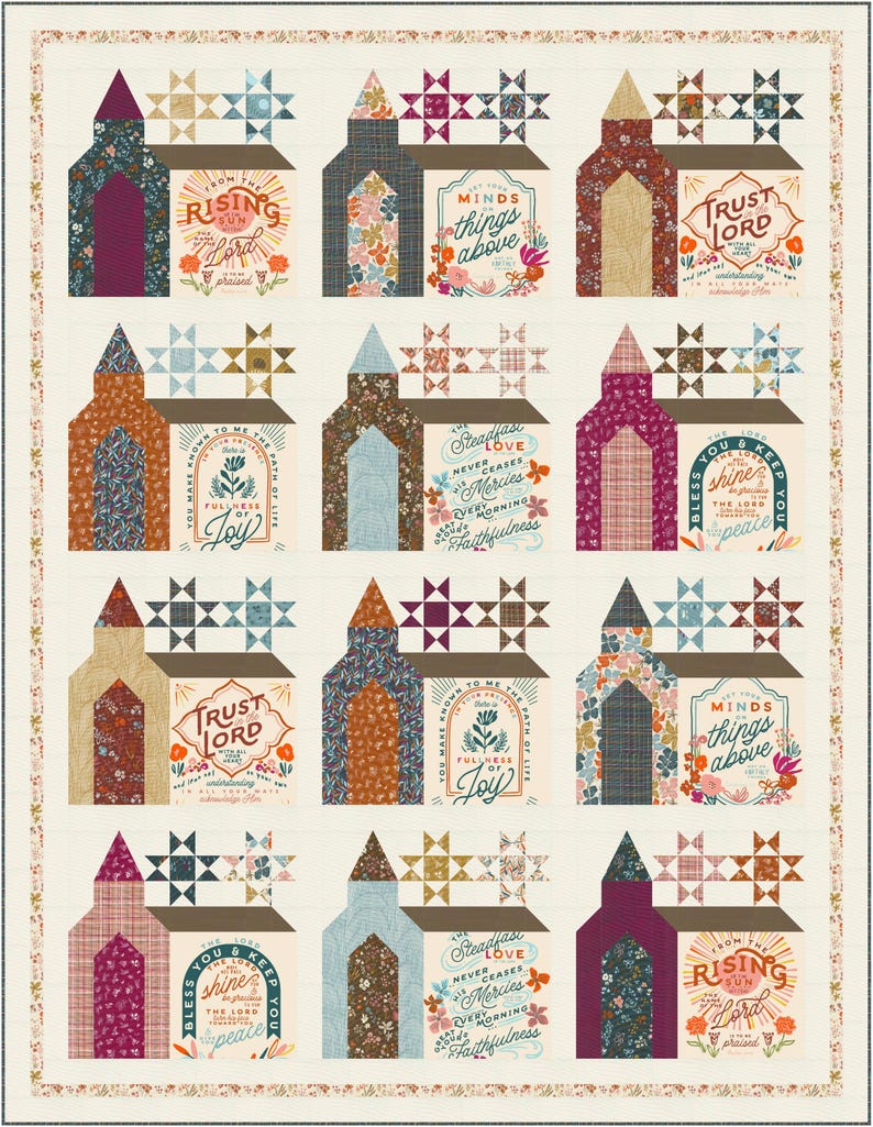 May include: A quilt pattern with a patchwork design featuring various shades of brown, blue, red, and white. The quilt is made up of 12 individual blocks, each depicting a church building with a different inspirational quote. The quotes include "From the Rising Sun Lord", "Trust the Lord", "Minds Things Above", "Steadfast Love", "Bless You and Keep You", "You Make Known to Me the Path of Life", "Fullness of Joy", and "The Lord Shine His Light on You".