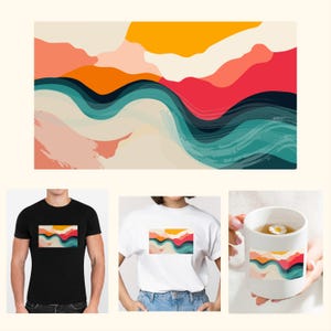 May include: A colorful abstract design of a landscape with wavy lines in shades of blue, green, orange, pink, and red. The design is printed on a white t-shirt, a black t-shirt, and a white mug.