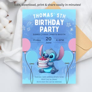 Disney Stitch | Birthday Invite | Blue | Editable Canva Template | Kids Digital Party Invitation | Printable Instant Download