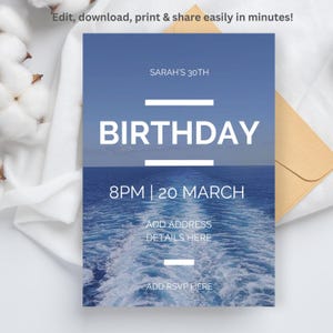 Puede incluir: Una invitación de cumpleaños azul y blanca con una foto de olas del océano. El texto dice "Sarah's 30th Birthday", "8PM | 20 March", "Add Address Details Here" y "Add RSVP Here".