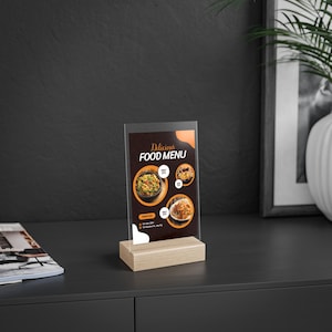 Enseigne de menu personnalisée en acrylique avec support en bois | Décoration de table de restaurant, Présentoir de nourriture, Support de menu, Pièce maîtresse de mariage