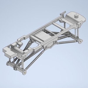 May include: A 3D-rendered, light grey vehicle chassis with suspension components. The design features a rectangular frame, multiple support beams, and spring-loaded suspension elements. The model includes wheels and a detailed engine compartment.
