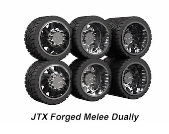 Set of 1/64 Dually JTX Forged Melees with Tires (Traditional Dually Front, Super Single Front, Dually Rear)