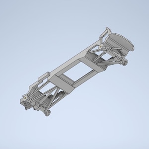 May include: A gray, 3D-rendered model of a vehicle chassis, showcasing the frame, suspension components, and other mechanical details. The design features a rectangular frame with intricate support structures and wheel mounts, set against a light blue background.