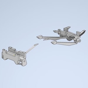 May include: A 3D rendering of two gray mechanical components, one with a long, thin, white rod extending from it. The other component has multiple arms and a wheel. The background is a light blue.