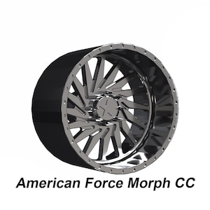 May include: A black and silver alloy wheel with a complex spoke design. The wheel has a polished silver finish on the spokes and a black rim. The text "American Force Morph CC" is displayed below the wheel.