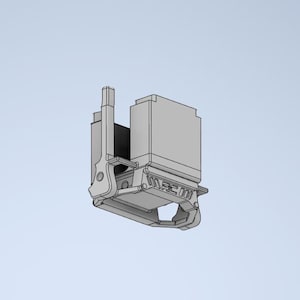 Puede incluir: Un componente mecánico de color gris claro con una carcasa rectangular y una palanca vertical en el lado izquierdo. La parte frontal muestra el texto en relieve WRC 000, con un marco estructurado y puntos de pivote integrados en este render 3D.