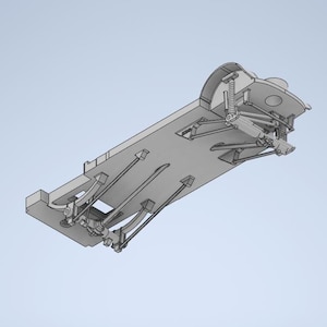 May include: A 3D-rendered, gray car chassis model, showcasing suspension components, springs, and structural elements. The model is set against a light blue background, highlighting the detailed design of the vehicle's undercarriage.