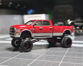 1/64 Custom Red 2018 RAM 3500 on Maroon Papis Garage Lift Kit with Maroon Wheels