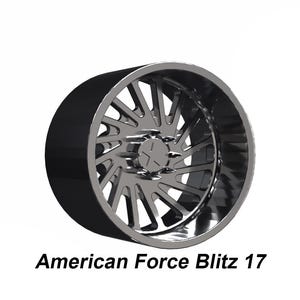 May include: A shiny, chrome-finished wheel with a black rim. The wheel has a complex, multi-spoke design and the text "American Force Blitz 17" is displayed below the wheel.