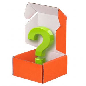 May include: An open orange cardboard box with a bright green question mark inside. The box has white interior walls and is set against a white background. The question mark is a glossy, three-dimensional design.