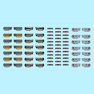 May include: A sheet of model car decals featuring various headlights and taillights. The decals include rectangular and square designs in black, gold, and silver, with red taillight strips. The background is a light blue.