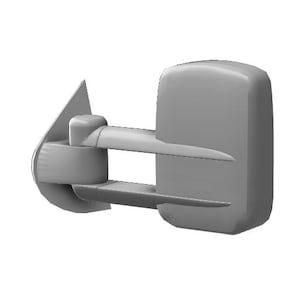 Pode incluir: Espelho retrovisor lateral cinzento para veículo, com uma caixa de espelho retangular e um braço de montagem. O espelho tem um design aerodinâmico com um suporte triangular e uma base curva.