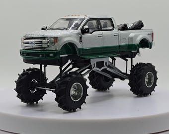 1/64 Custom 2019 F350 GREEN MACHINE Mega Mud Truck with Silver Paint and Silver Suspension