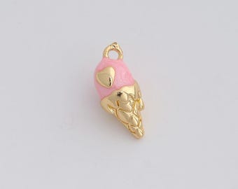 May include: A gold-colored ice cream cone charm with a pink top and a heart detail. The cone has a textured design. The charm has a small loop at the top for attaching to a necklace or bracelet. The charm is a jewelry component.