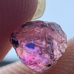 May include: A close-up of a rough-cut gemstone with a mix of pink and blue hues. The gem has a crystalline structure and appears to be held between fingers. The lighting highlights the facets and colour variations within the stone.