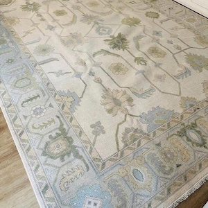Beige Rug, Blue Green Home Decor Rug, Area Rug 9x12 Neutral, Handwoven Turkish Rug, Muted Palette Oushak Rug 8x10 Dream Bedroom Rug