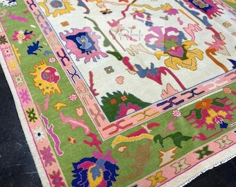 9x12 Rug Crepe Pink, Modern Ivory Oushak Rug, Silver Turquoise Beige Turkish Rug, Floral Area Rug, Luxury Handknotted Fine Wool Rug ARN_031