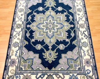 Hand Knotted Wool Rug, Vintage Traditional Tabriz-inspired rug, Navy Blue Ivory-cream Home Decor