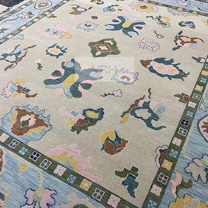 Oushak rug muted 8x10/9X12/10x14 Turkish knot rug Hand-knotted Vintage Antique Oushak Wool Area Rug for Living Room, Dining room